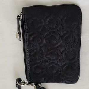 Coach Black Signature Canvas Patent trim wristlet wallet